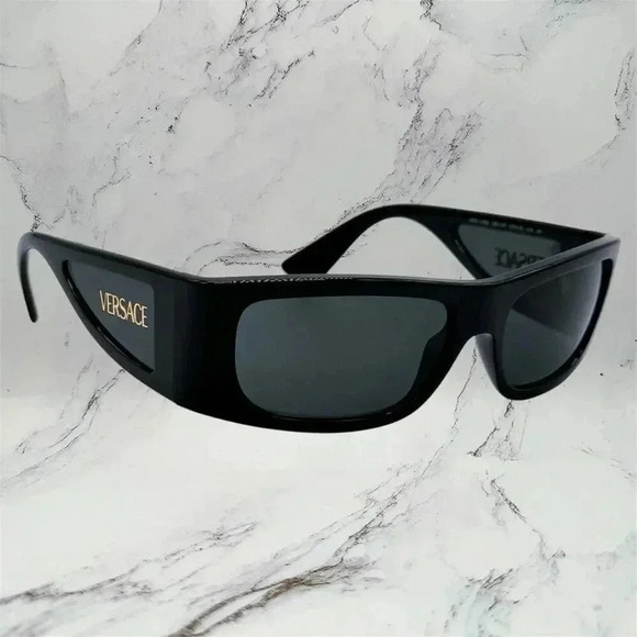 Versace Other - VERSACE Sunglasses New Black Square Wrap Shield Mask Acetate Gold Letter Logo